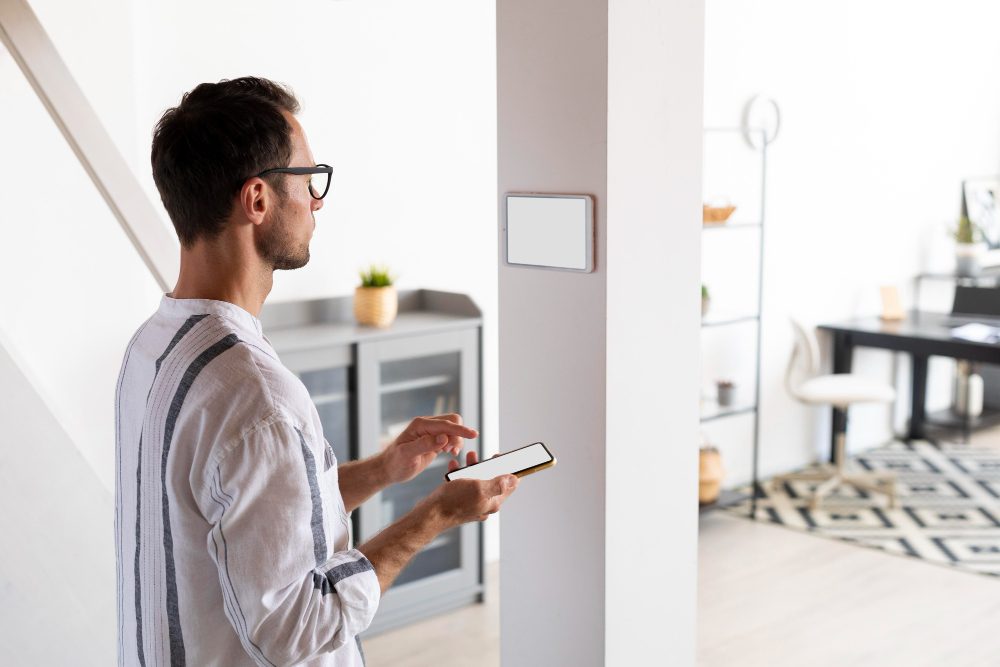 Hombre de lentes que consulta su celular en una sala de su casa