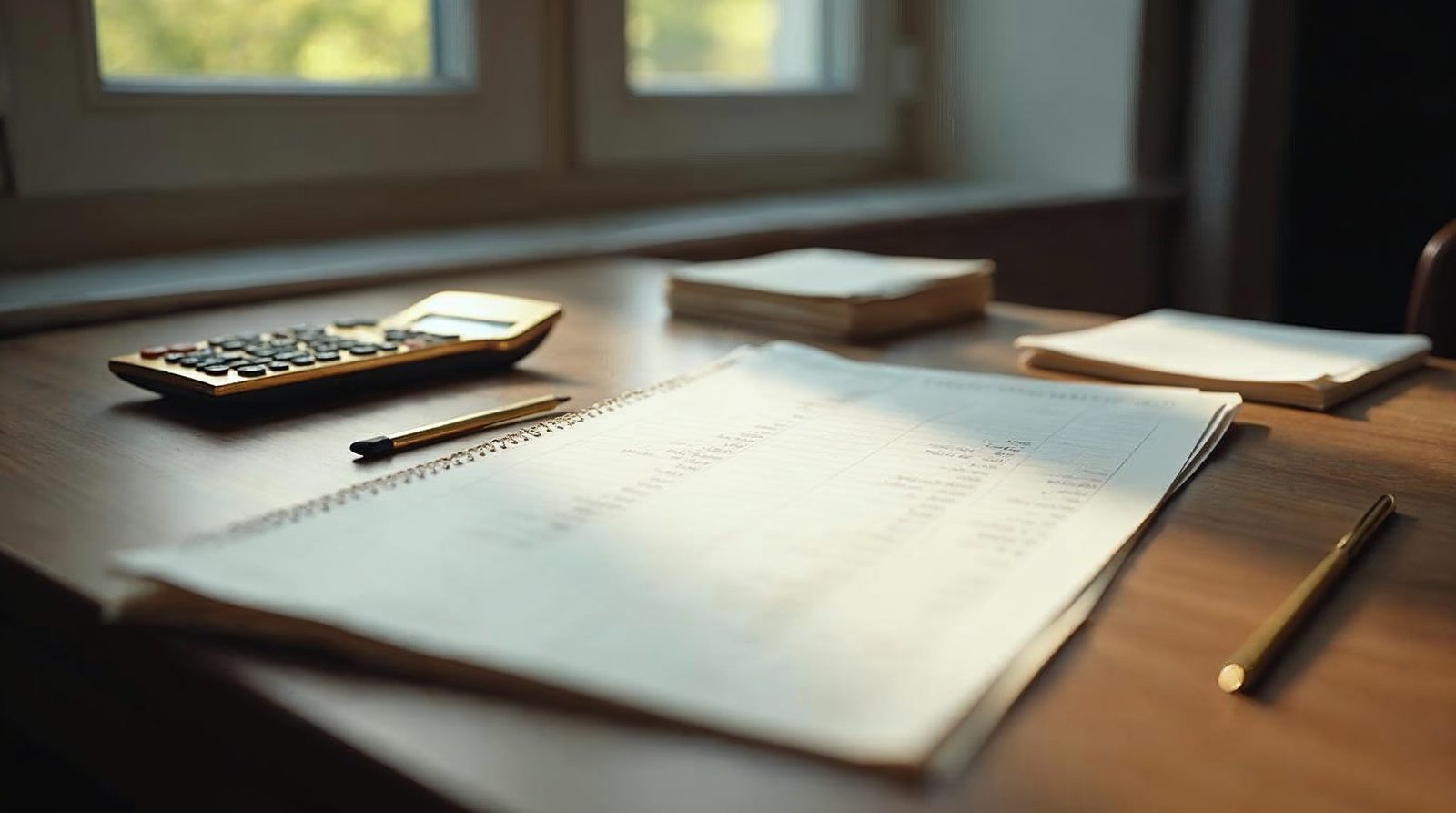 Escritorio con libro contable cerrado, calculadora y una billetera física de criptomonedas junto a recibos en blanco