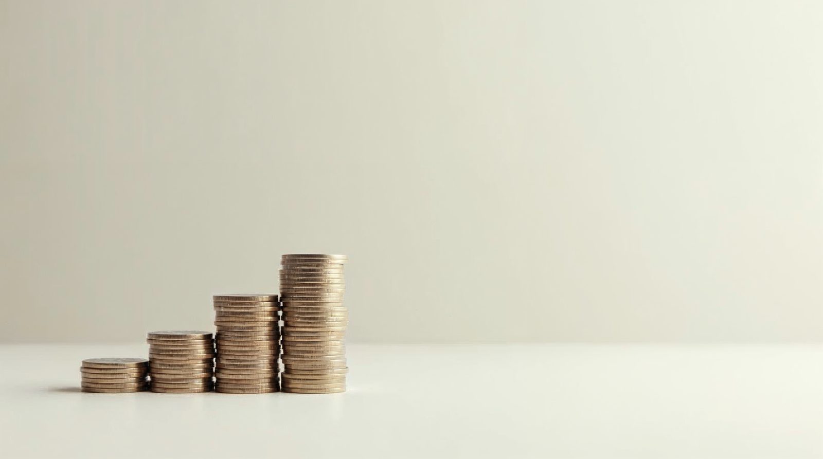 Pilas de monedas de distinta altura sobre una mesa blanca