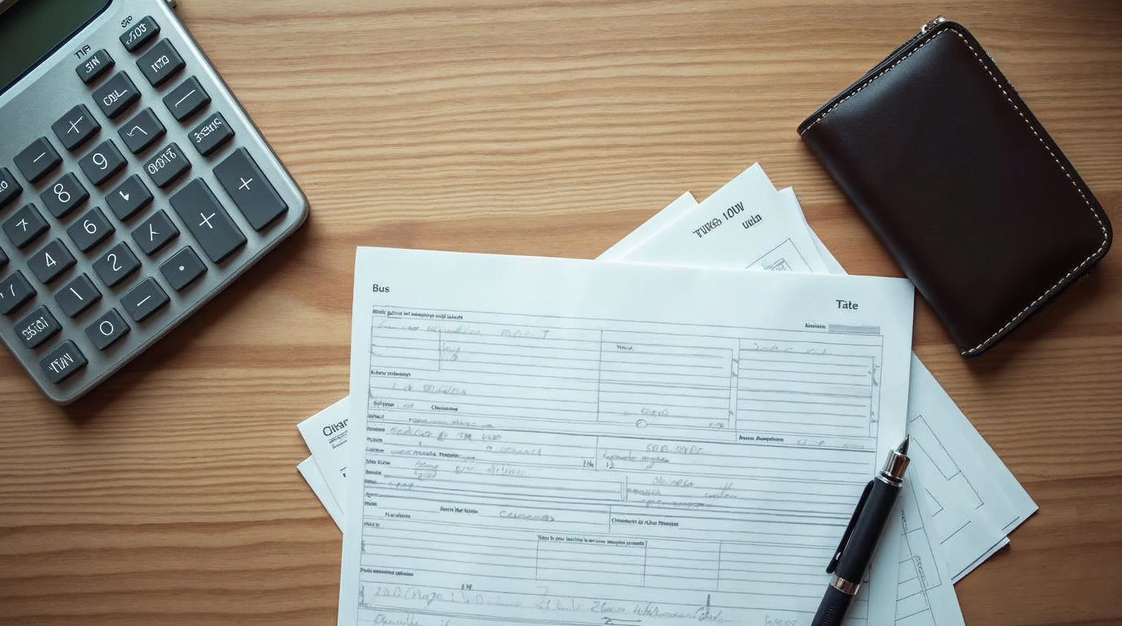 Escritorio con calculadora, formularios impresos sin texto legible y una hardware wallet cerrada