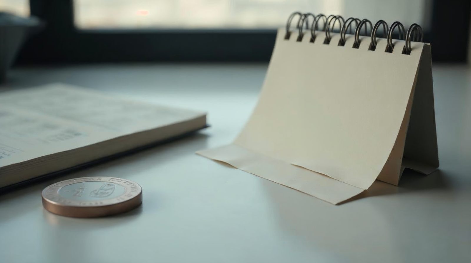 Moneda sobre una mesa junto a un calendario de escritorio en blanco y un cuaderno