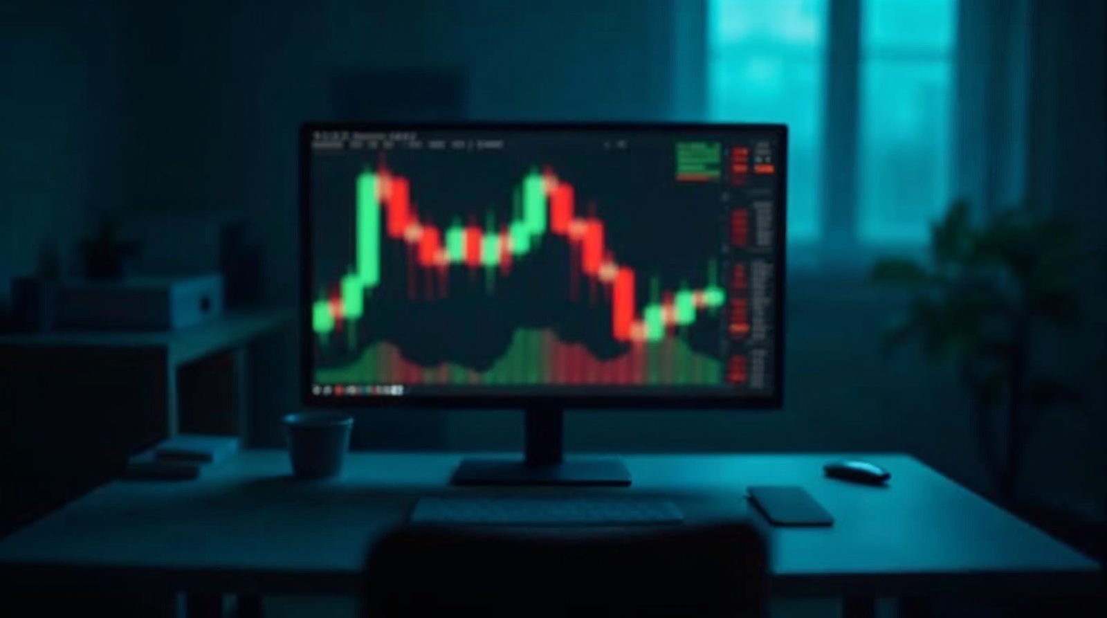 Monitor con una gráfica de velas rojas y verdes en un escritorio a oscuras