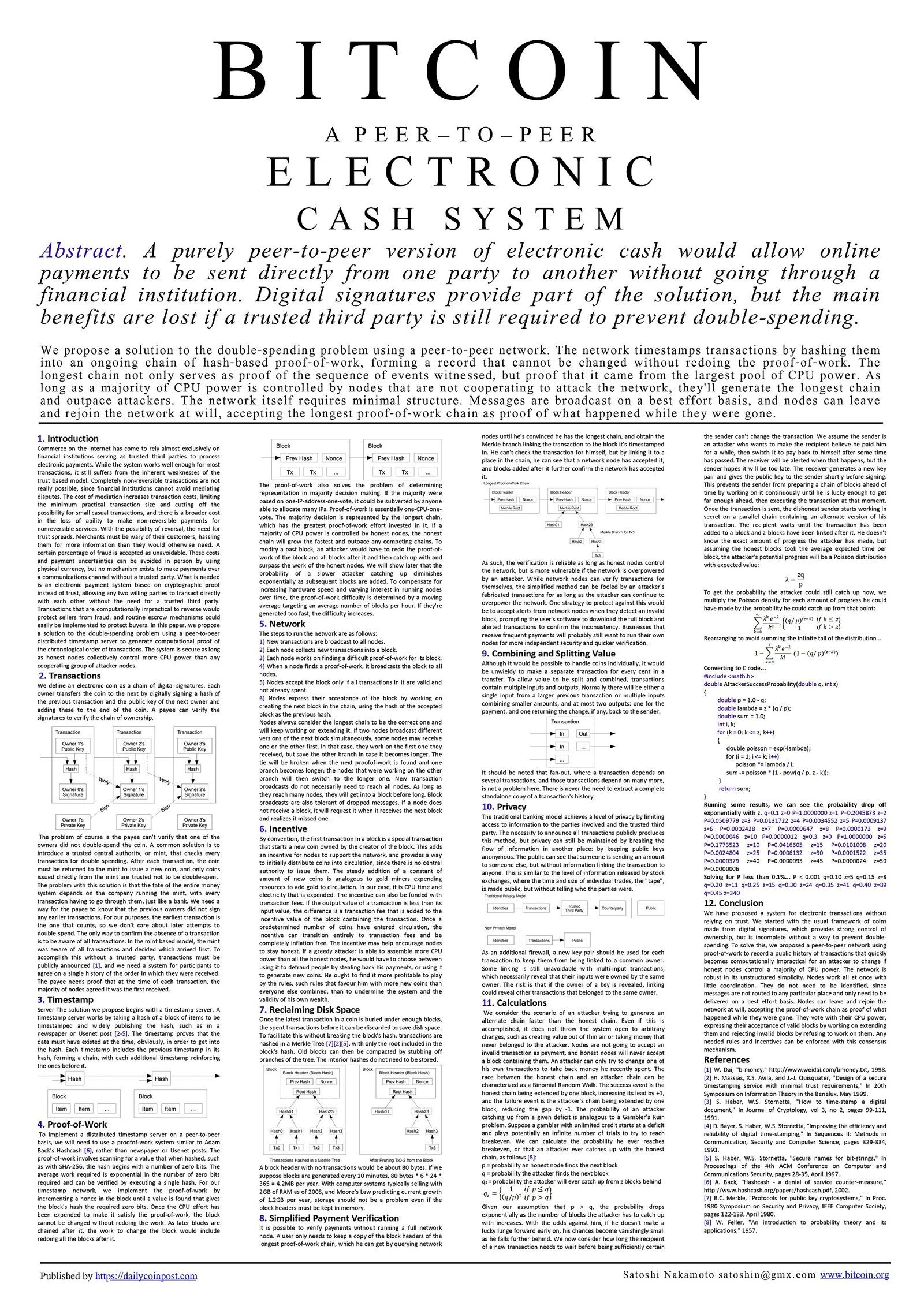 Cartel con el texto completo del documento original de Bitcoin, «A Peer-to-Peer Electronic Cash System», en columnas de texto y diagramas