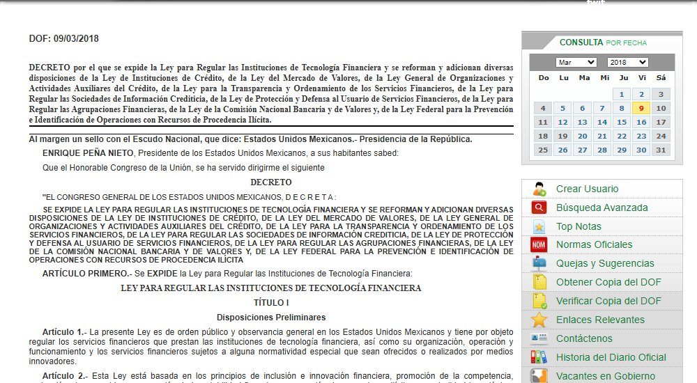 Publicación en el Diario Oficial de la Federación del 9 de marzo de 2018 del decreto que expide la Ley para Regular las Instituciones de Tecnología Financiera