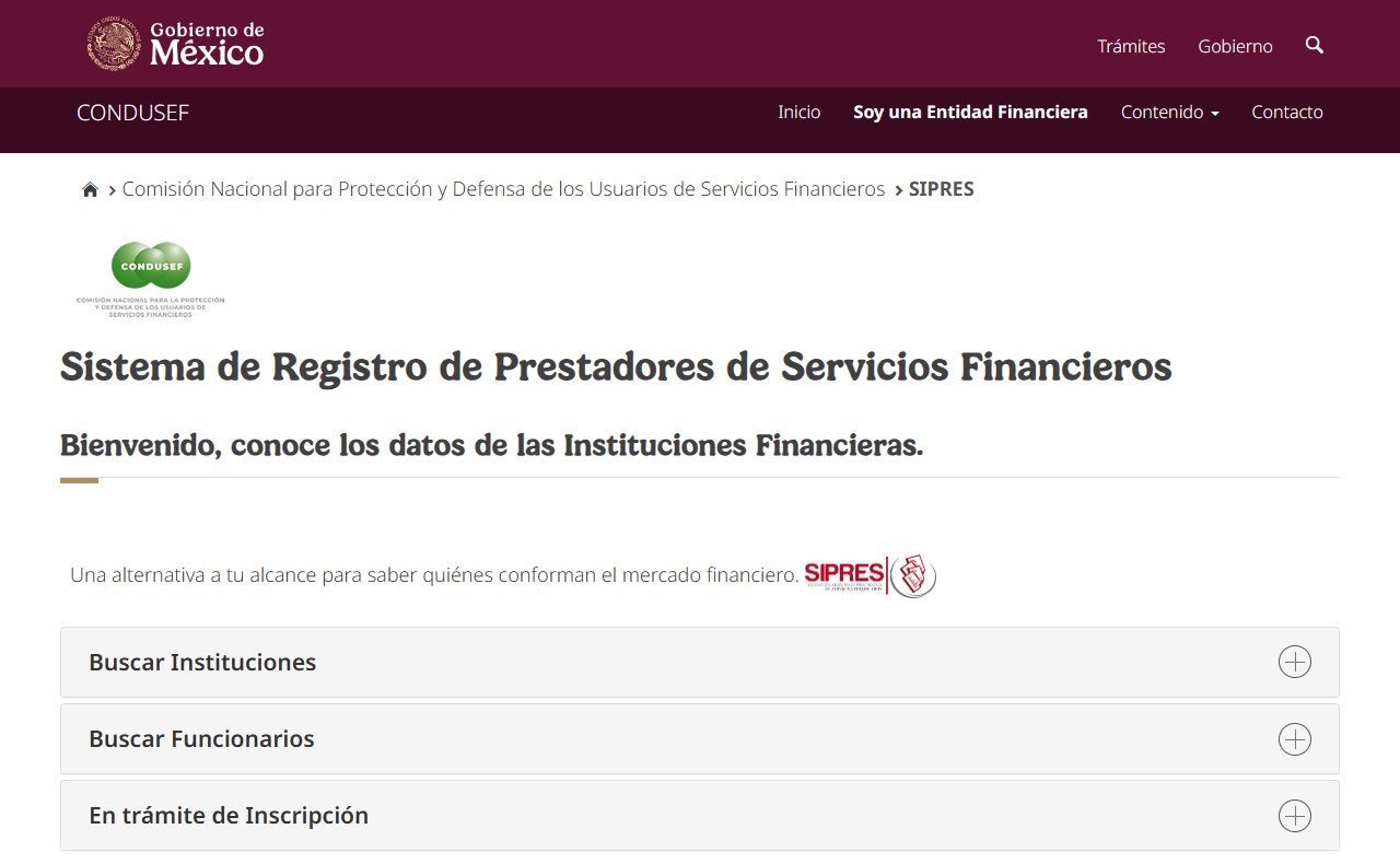 Página de inicio del Sistema de Registro de Prestadores de Servicios Financieros (SIPRES) de la CONDUSEF