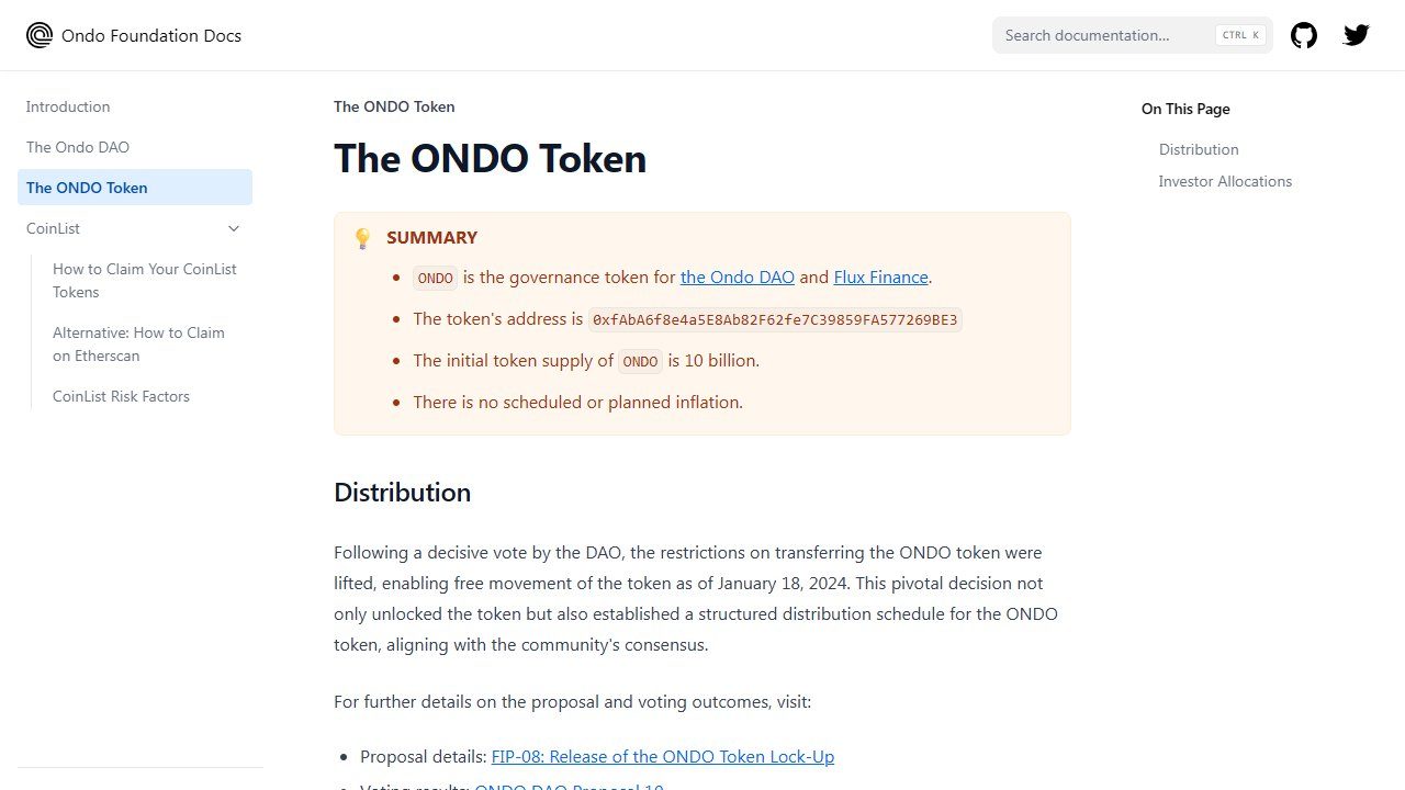 Página The ONDO Token en la documentación de la Ondo Foundation con el resumen: token de gobernanza, dirección del contrato, suministro inicial de 10 mil millones y sin inflación programada