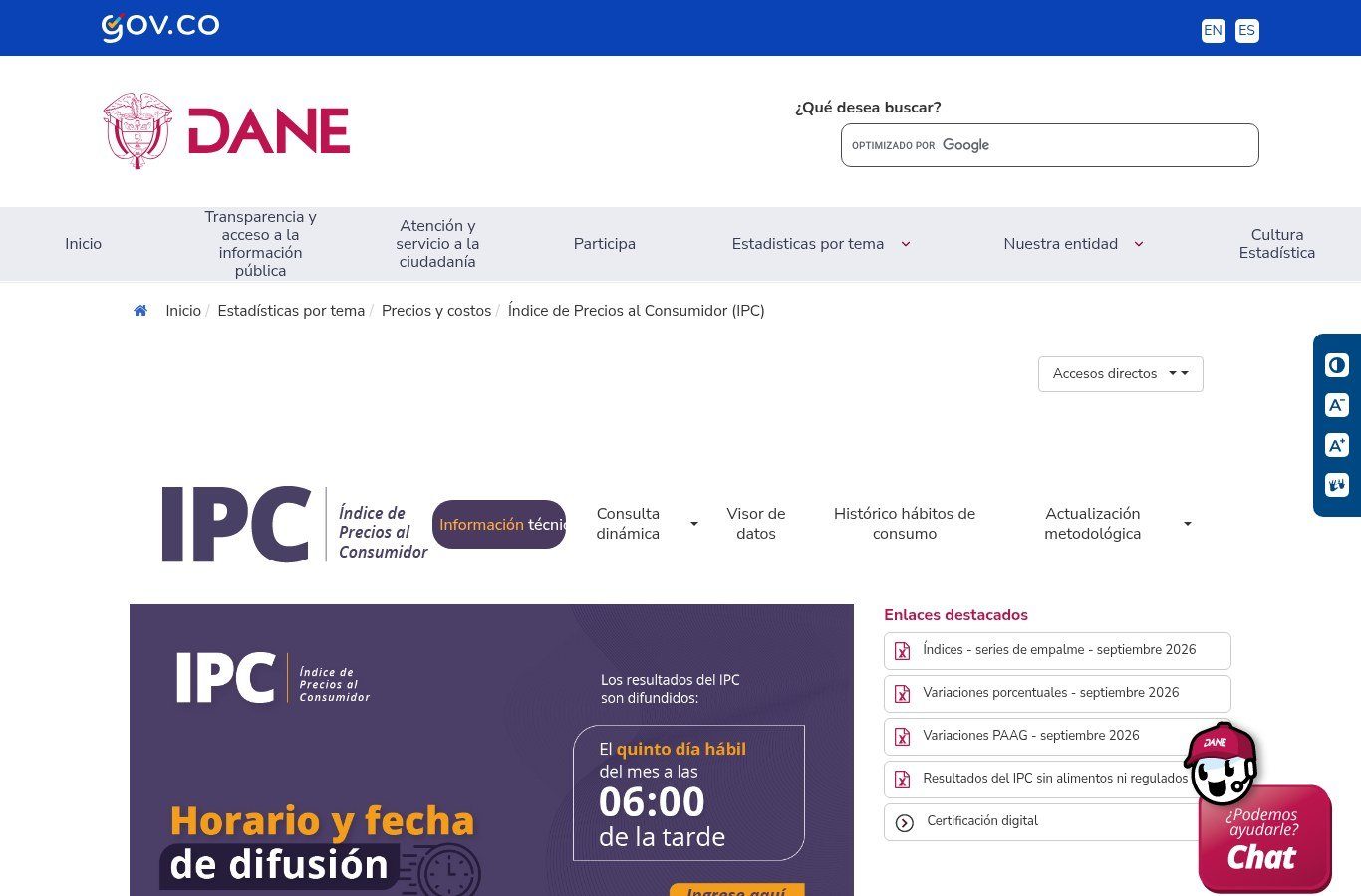 Página del Índice de Precios al Consumidor del DANE con enlaces a los archivos de variaciones e índices de septiembre de 2026