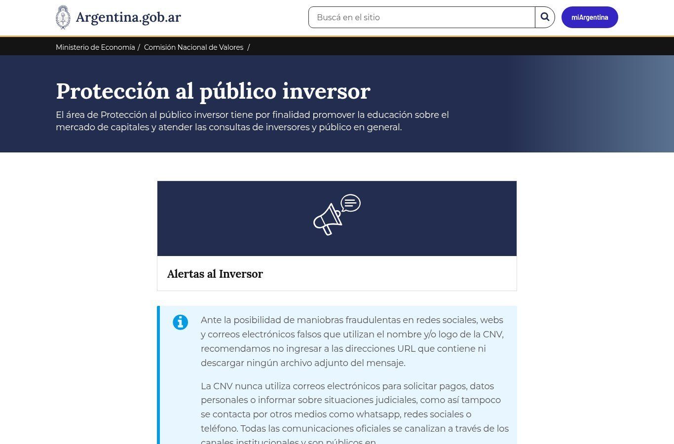 Captura de la página de Protección al público inversor de la CNV en Argentina.gob.ar, con la sección Alertas al Inversor