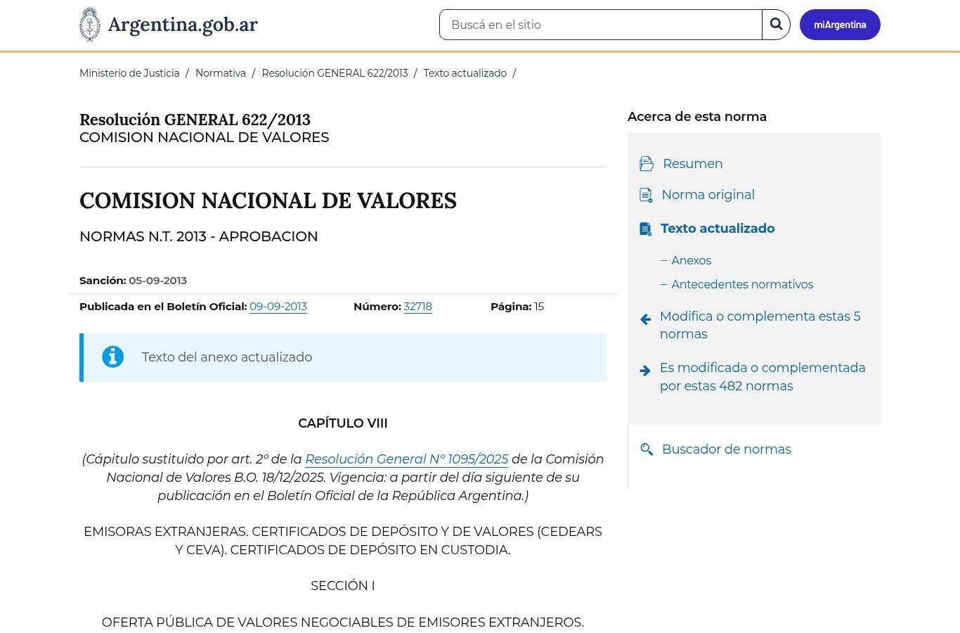 Captura de Argentina.gob.ar con el texto actualizado del Capítulo VIII de las Normas de la CNV sobre certificados de depósito y de valores (CEDEARs y CEVA)