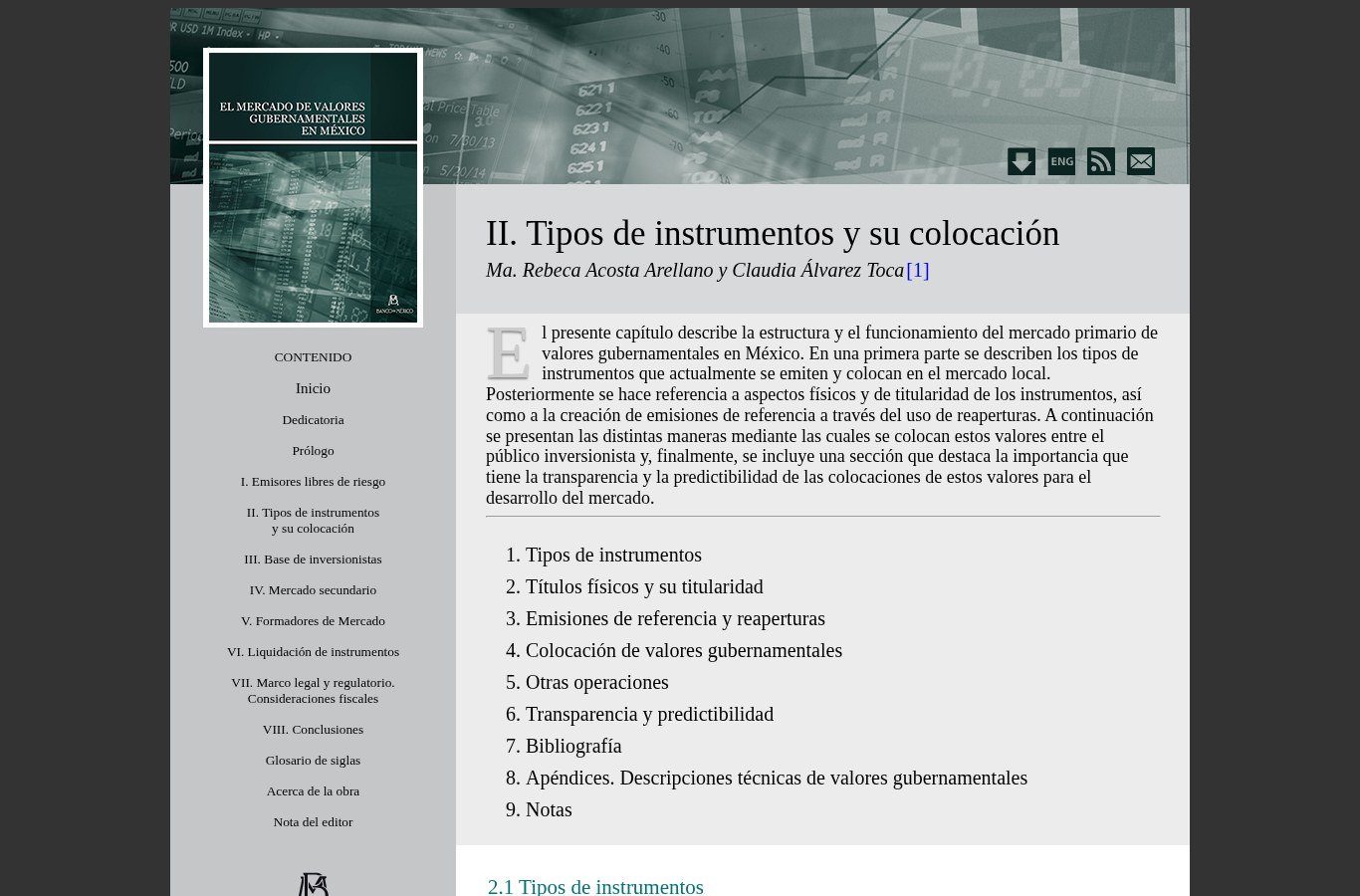 Capítulo «Tipos de instrumentos y su colocación» del libro de Banxico sobre el mercado de valores gubernamentales en México, con su índice de secciones