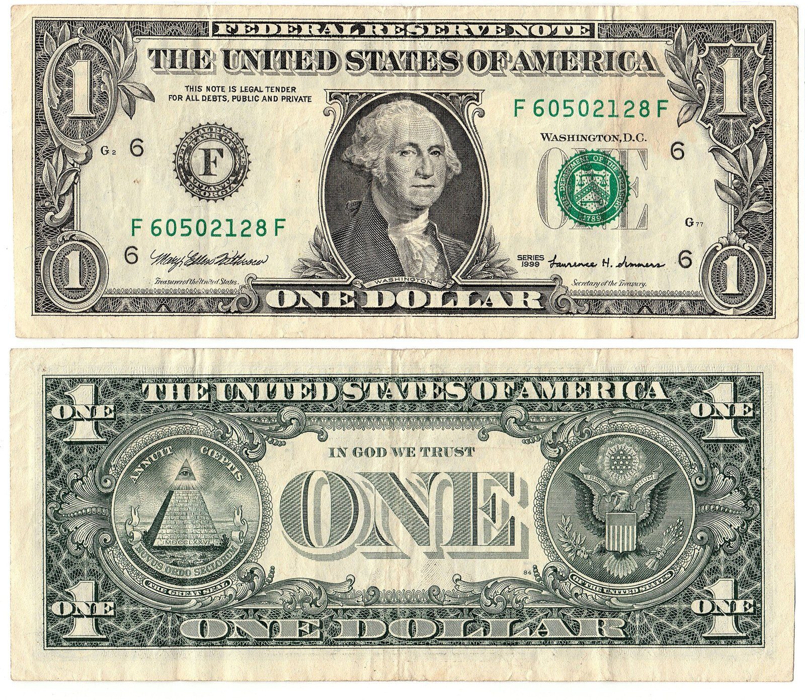 Anverso y reverso de un billete de un dólar estadounidense de la serie 1999, con el retrato de Washington y el sello de la Reserva Federal